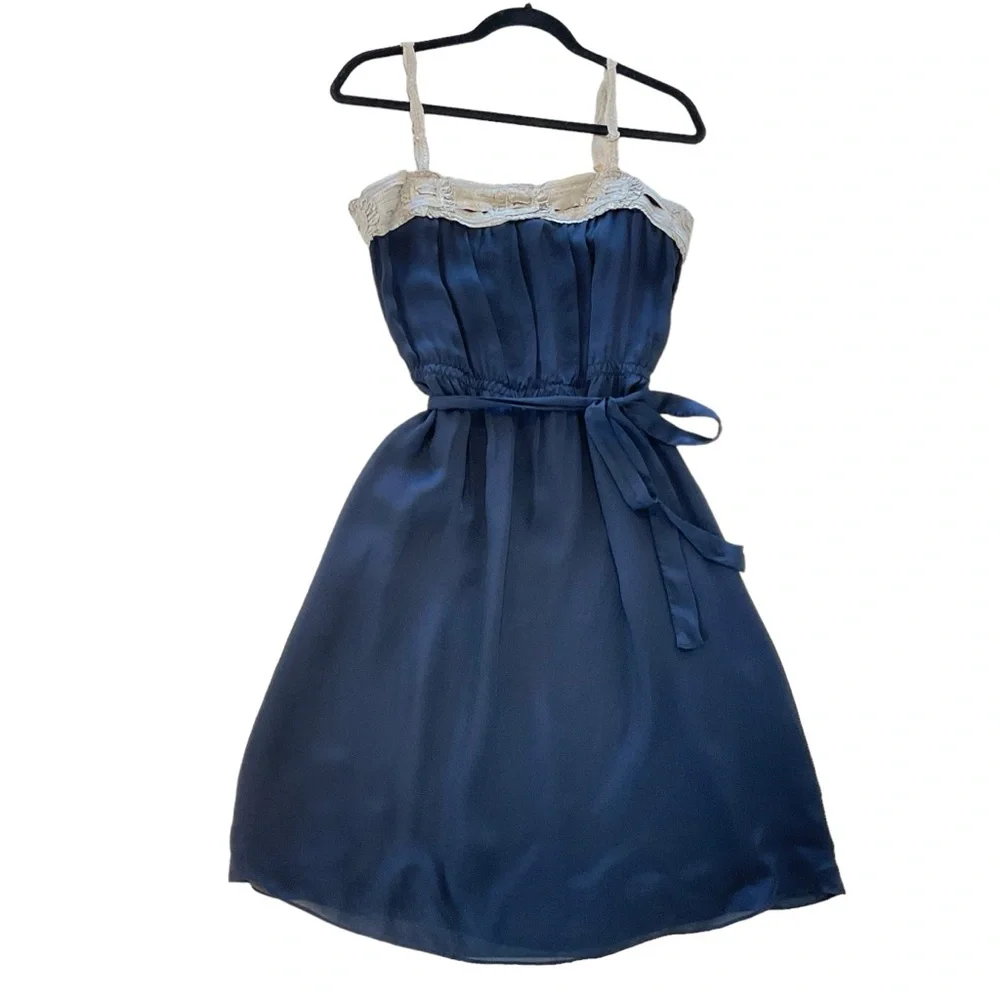 Graham & Spencer Anthropologie 100% Silk Navy Slip Dress Women L Midi Sleeveless - Picture 1 of 15